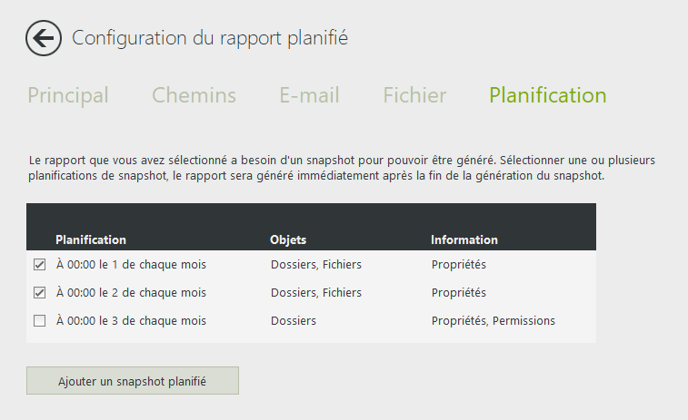 Planification des rapports des permissions NTFS et des propriétés