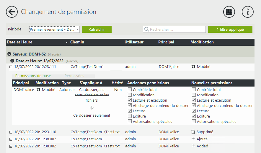 Rapports sur les modifications apportées aux permissions NTFS