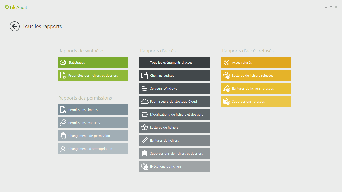 Rapports prédéfinis regroupés en 3 catégories