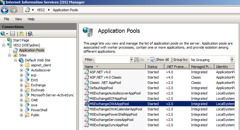 IIS application pools to monitor