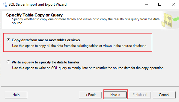 Copy data from one or more tables or views