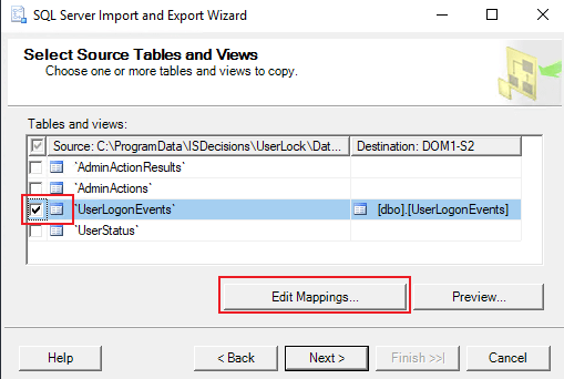 Select Source Tables and Views